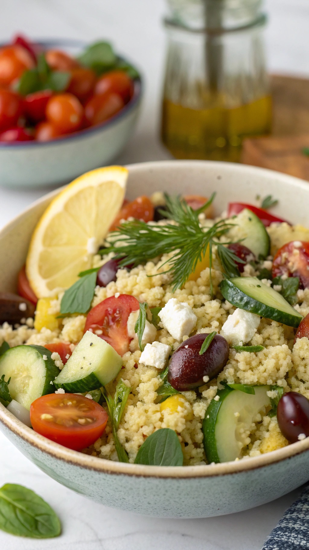 A bowl of Mediterranean Couscous Salad with fresh vegetables, olives, and feta cheese.
