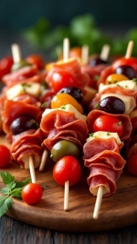 Colorful antipasto skewers with cherry tomatoes, olives, salami, and mozzarella on wooden sticks.