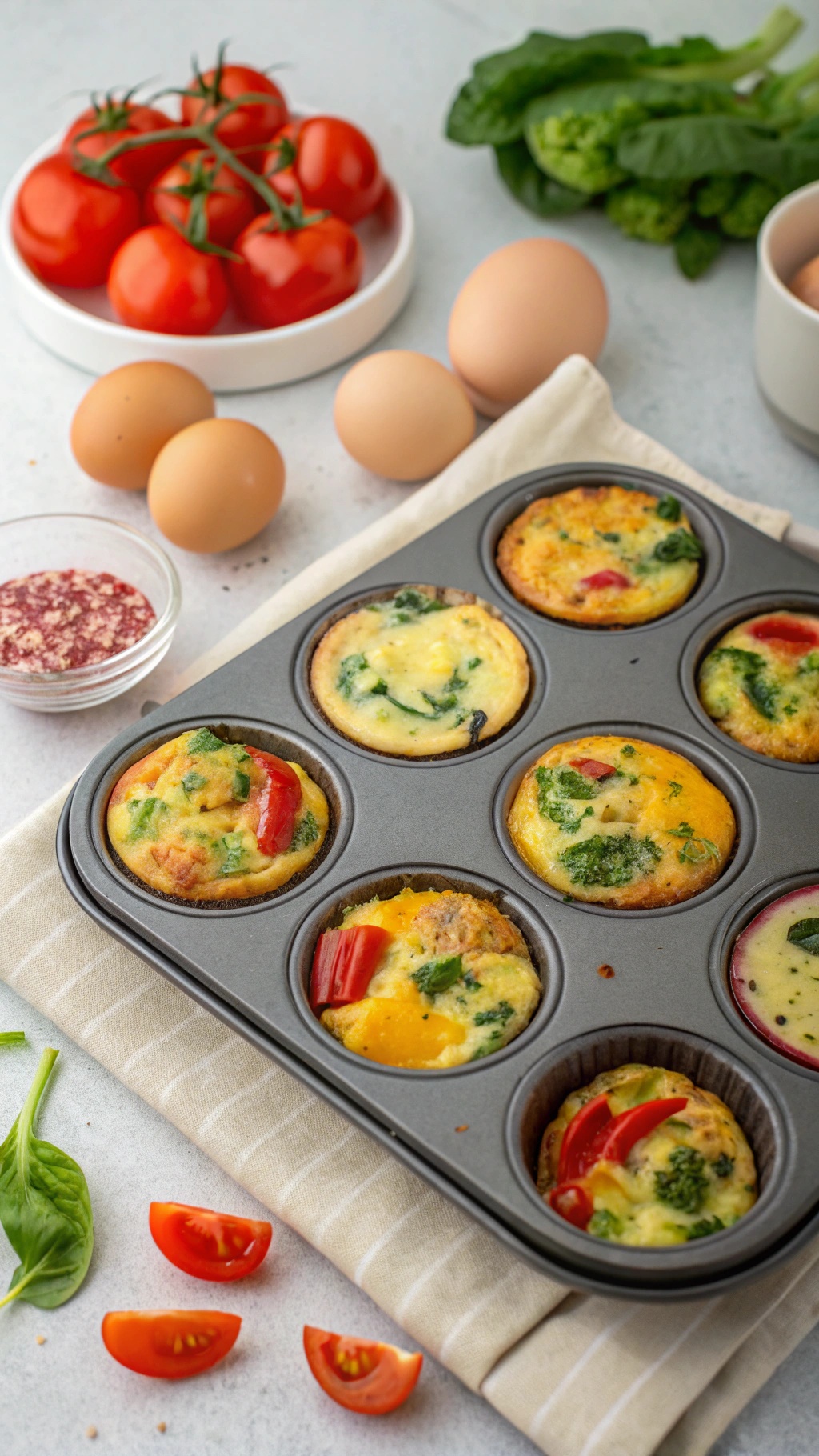 A tray of baked egg muffins with fresh tomatoes and spinach on the side.