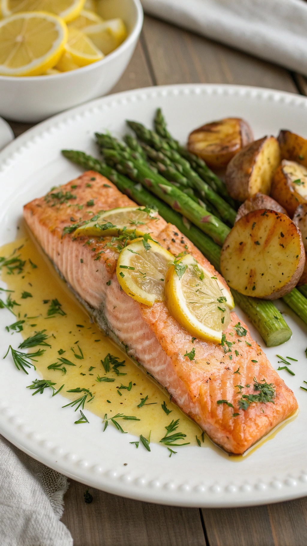 Baked salmon with lemon slices, asparagus, and roasted potatoes on a white plate.