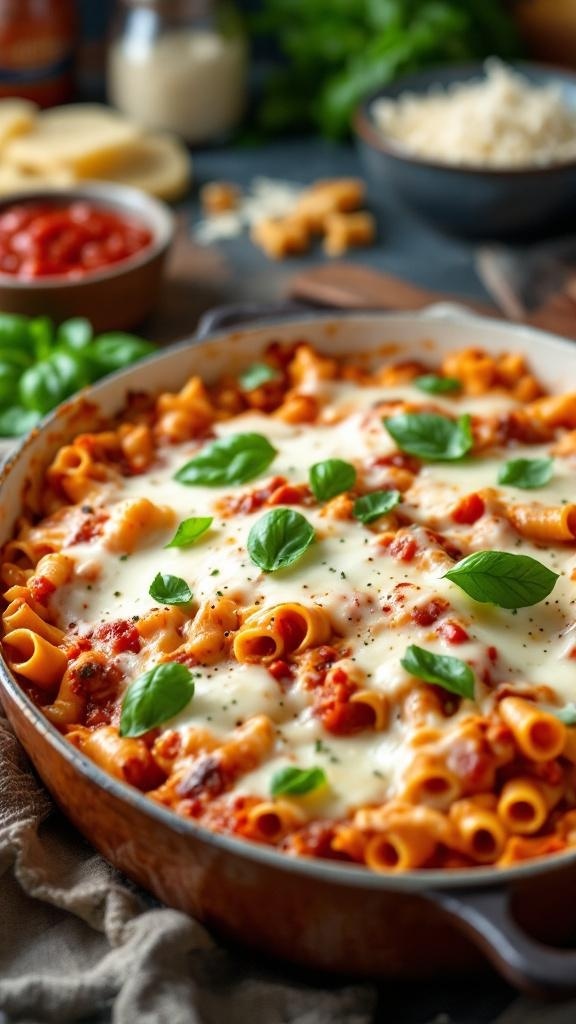 A delicious baked ziti topped with melted cheese and fresh basil, served in a baking dish.