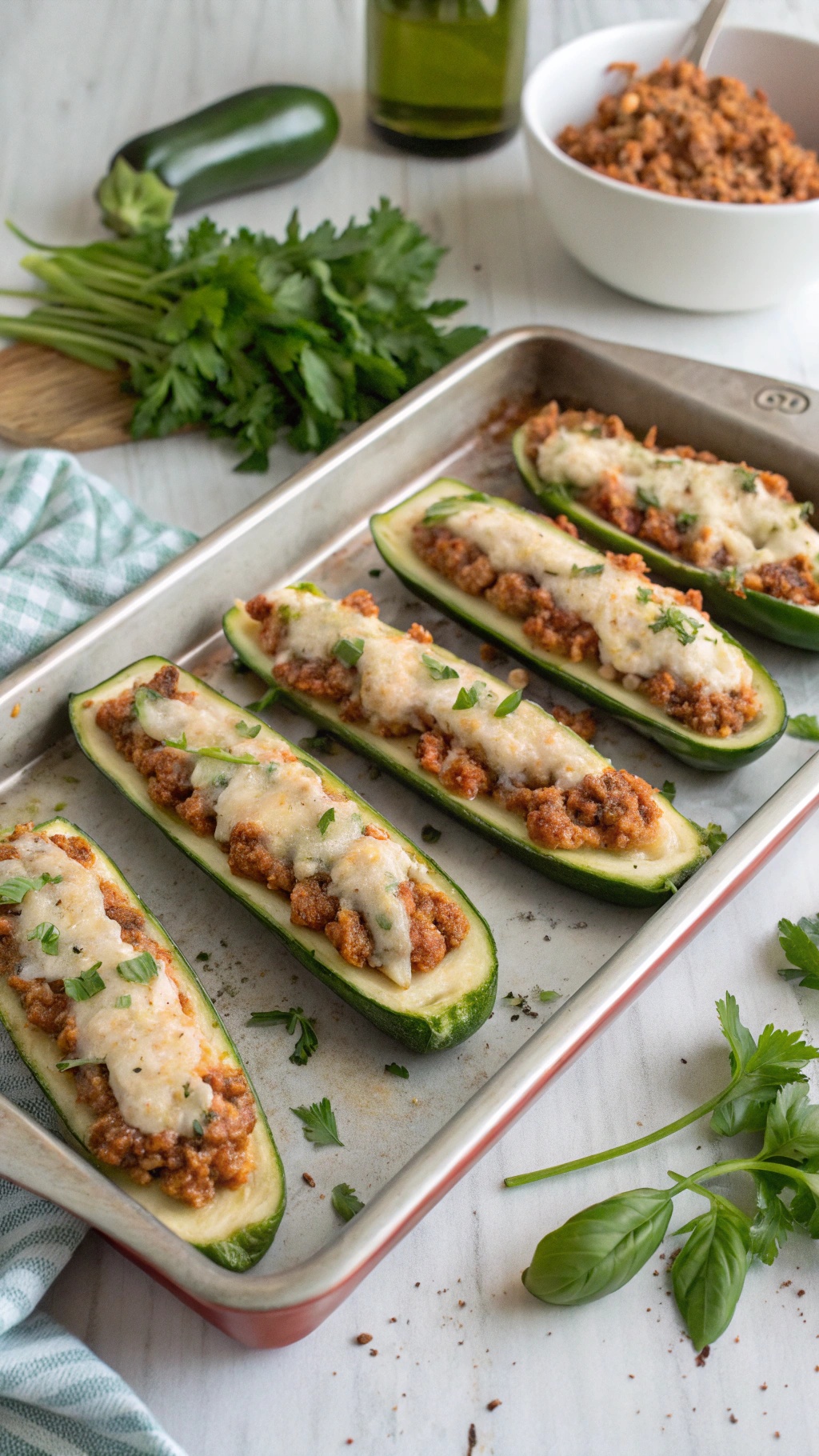 Baked zucchini boats filled with ground turkey and topped with cheese, garnished with herbs.
