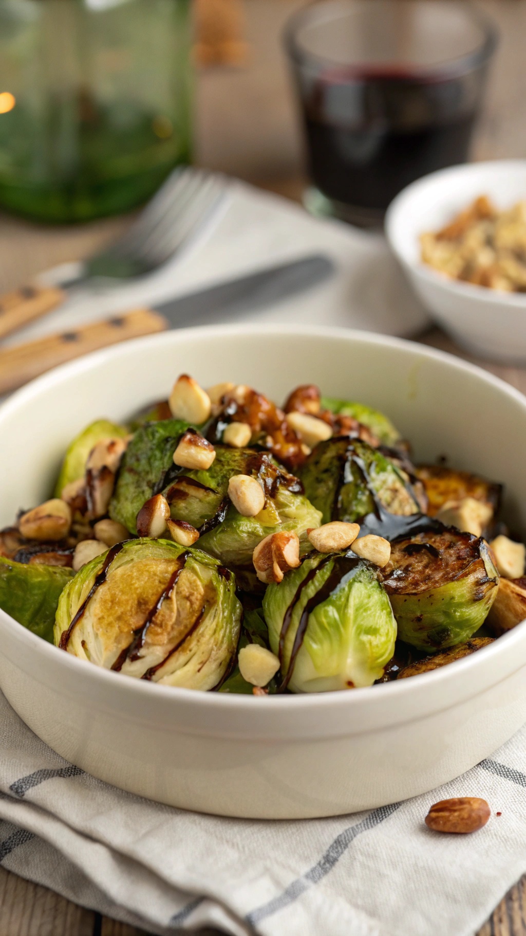 Balsamic Brussels sprouts in a bowl topped with nuts