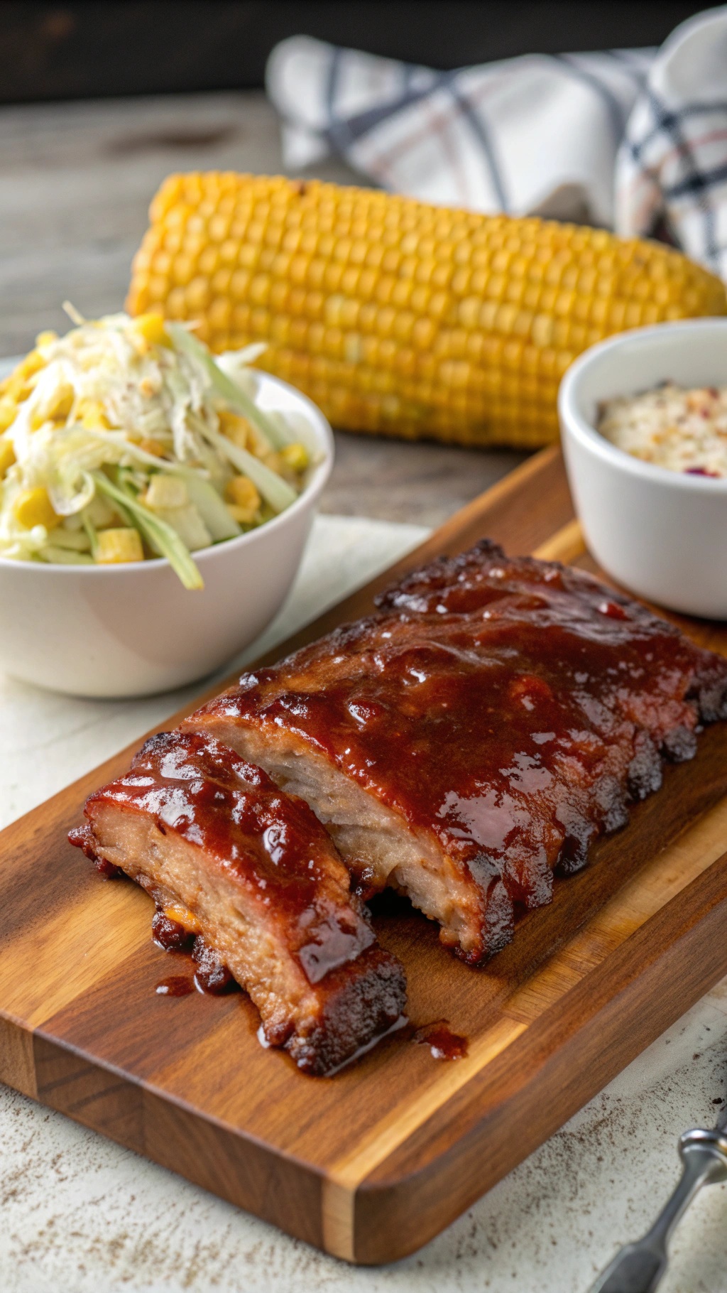 Delicious BBQ pork ribs served with coleslaw and corn on a wooden board