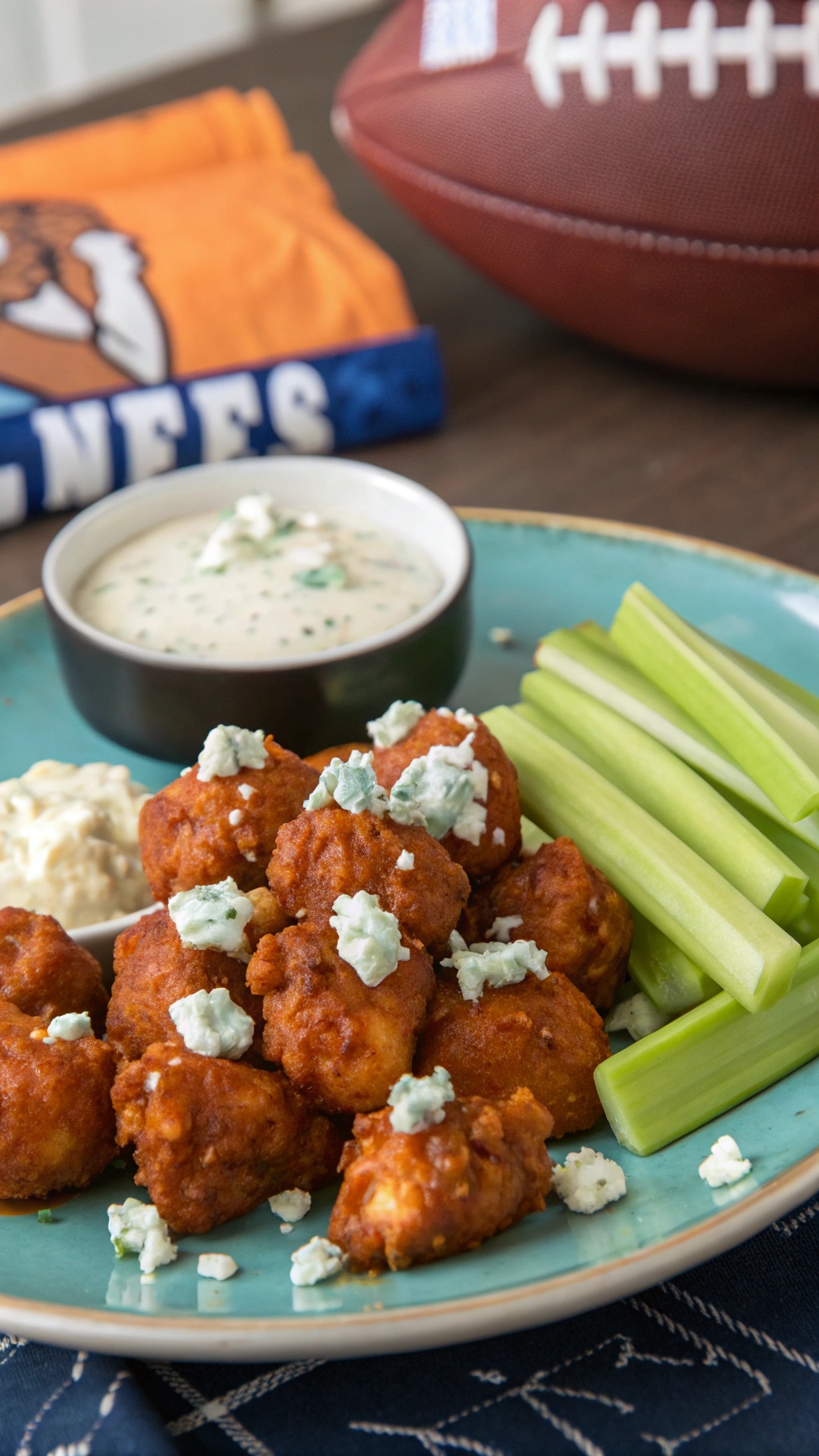 Plate of buffalo chicken bites with blue cheese, celery sticks, and dipping sauce.