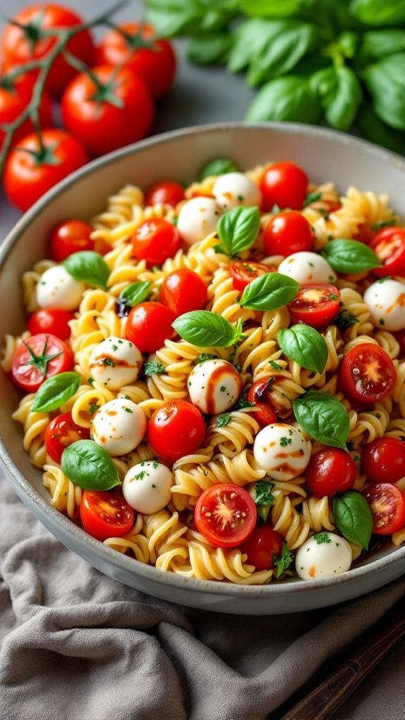 A bowl of Caprese Pasta Salad with cherry tomatoes, mozzarella balls, and fresh basil.