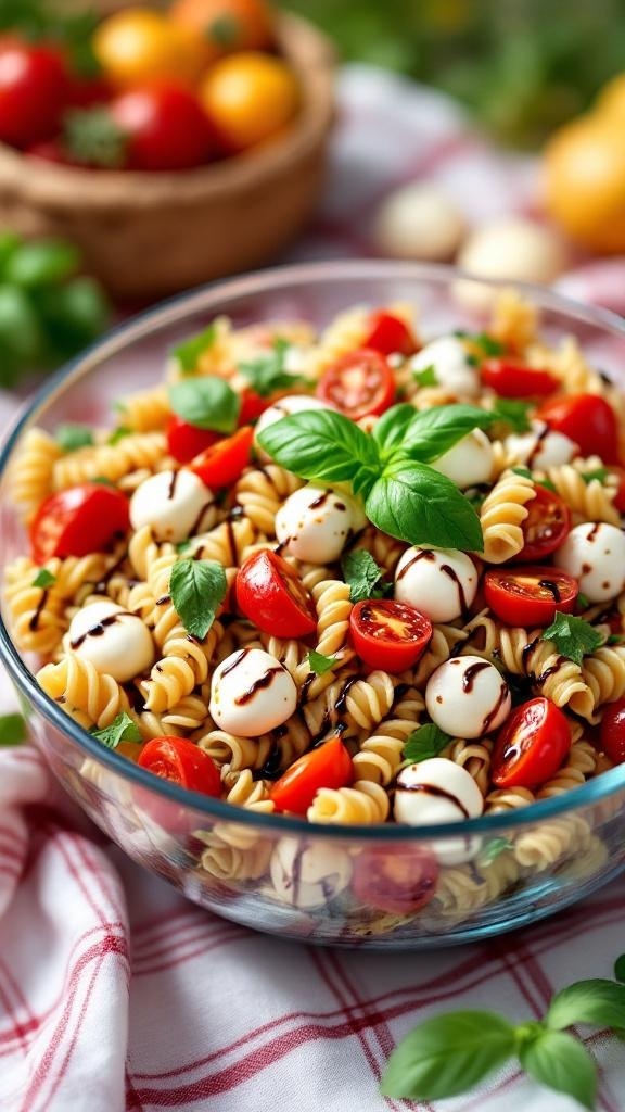 A colorful bowl of Caprese pasta salad with cherry tomatoes, mozzarella balls, and fresh basil.