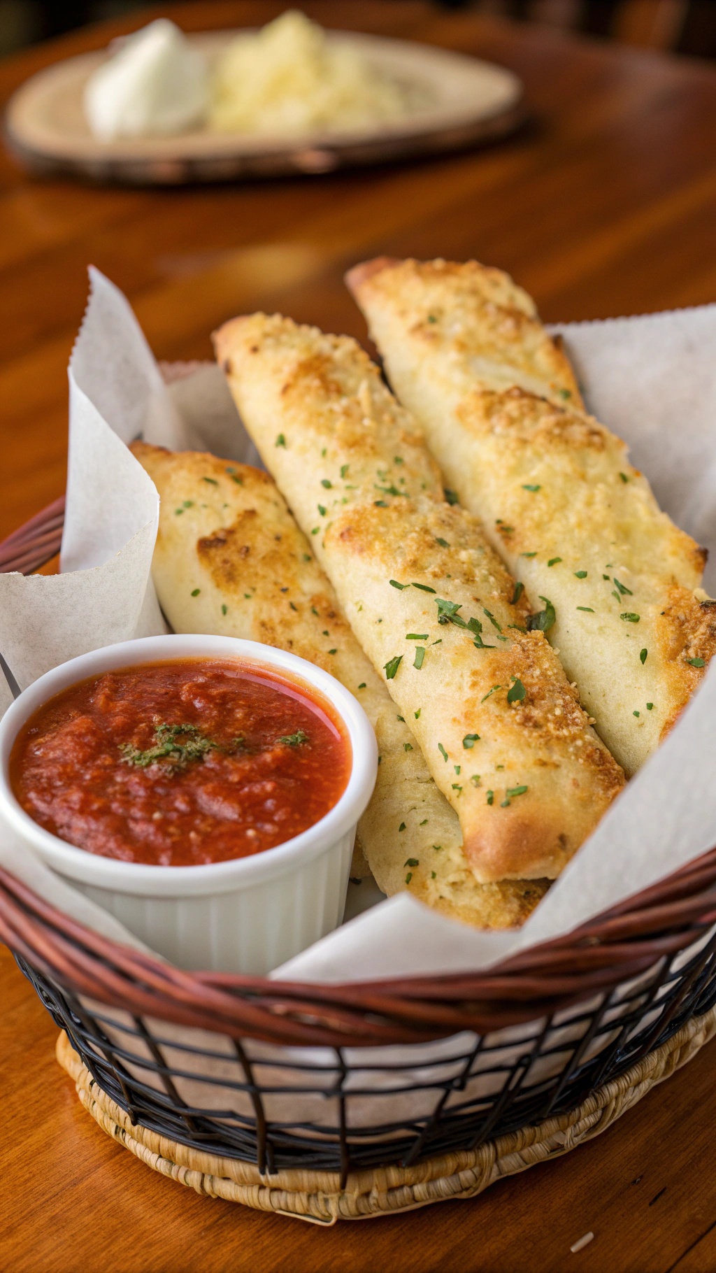 A basket of cheesy garlic breadsticks served with marinara sauce.