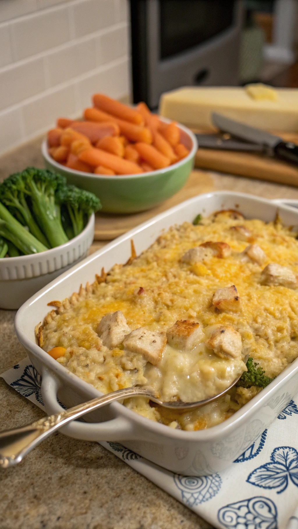 A delicious chicken and brown rice casserole served with broccoli and carrots on the side.