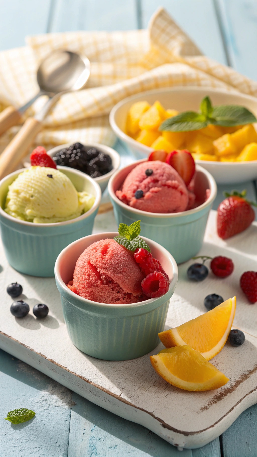 Colorful fruit sorbet in bowls with fresh fruits and mint leaves
