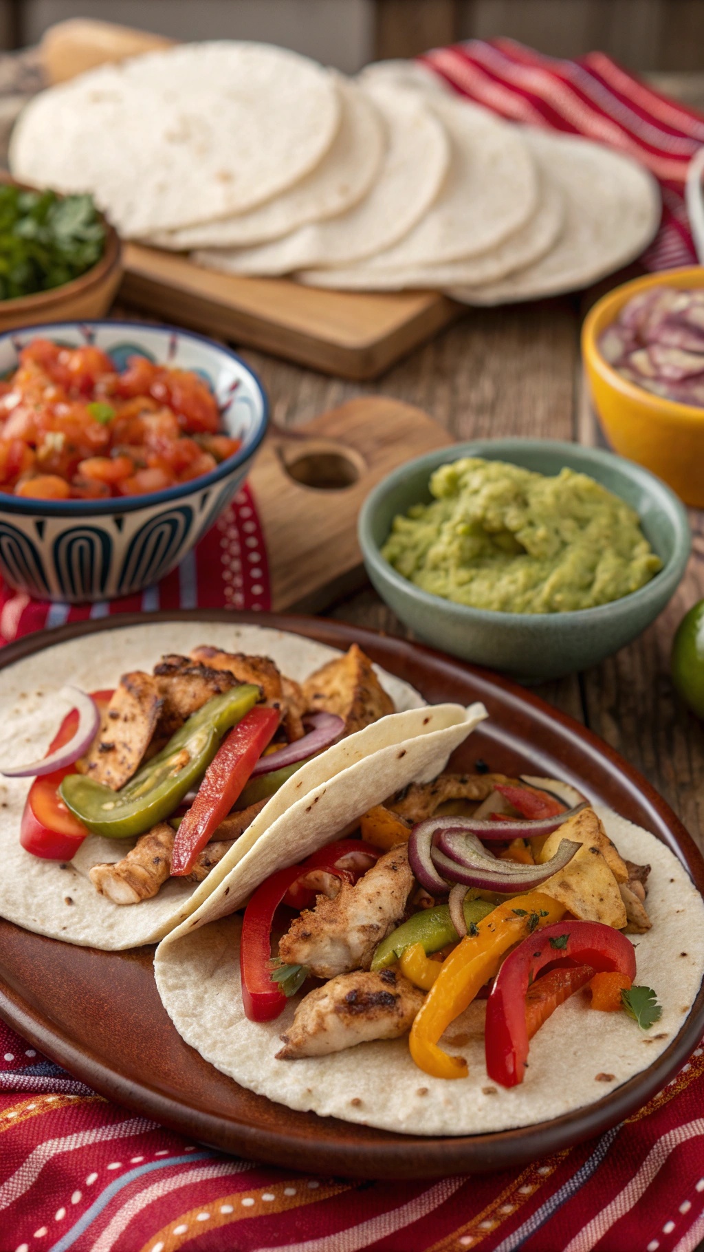 Grilled chicken fajitas with colorful bell peppers and onions served in tortillas, with guacamole and salsa on the side.