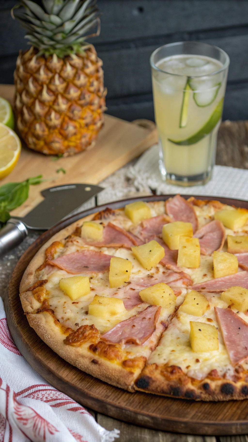 A delicious Hawaiian pizza topped with ham and pineapple, served with a refreshing drink and fresh pineapple in the background.