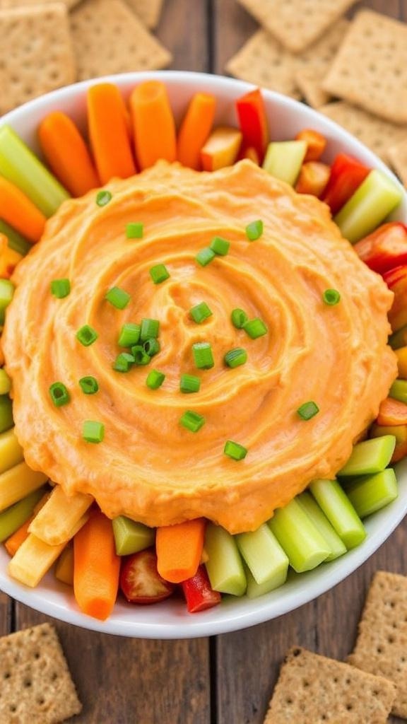 Healthy buffalo chicken dip in a bowl with fresh vegetables and whole-grain crackers on a rustic table.