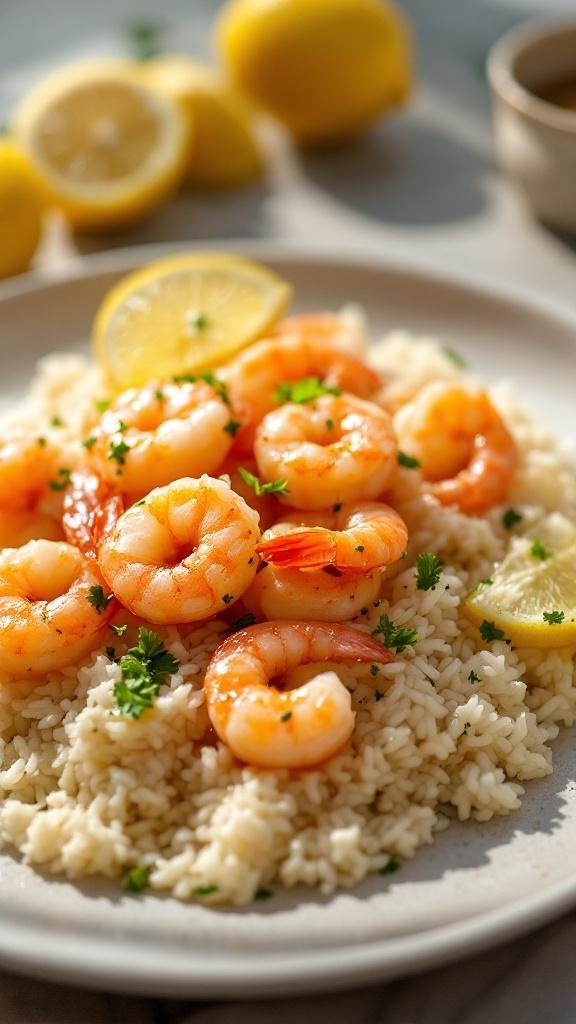 Plate of lemon garlic shrimp served over rice with lemon slices and parsley