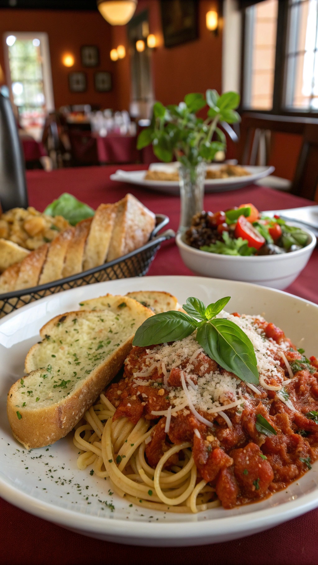 A plate of spaghetti with tomato sauce, lentils, and garlic bread on the side.
