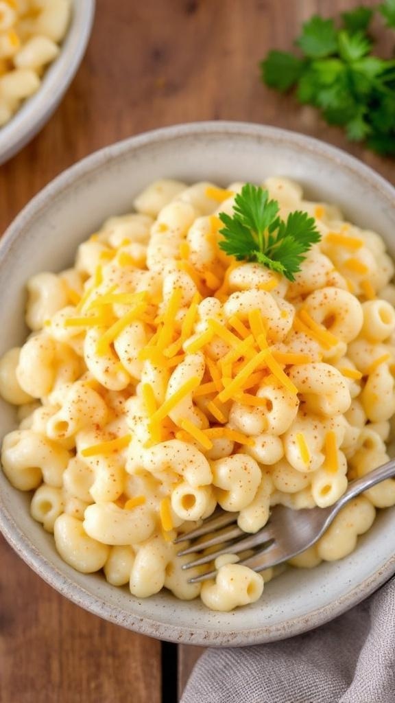 A bowl of creamy low-carb mac and cheese with cauliflower, garnished with parsley and paprika, on a wooden table.
