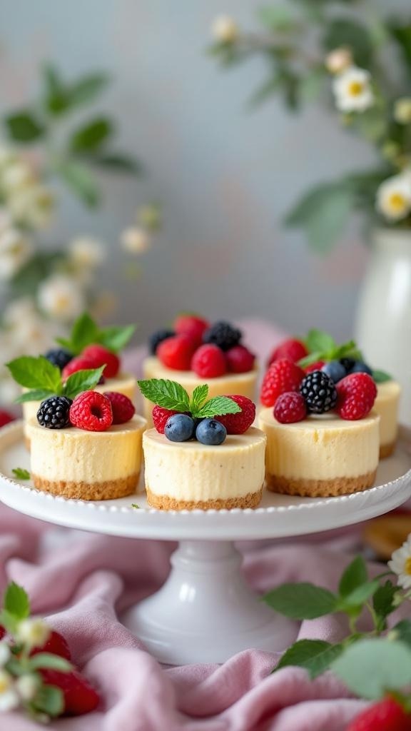A plate of mini cheesecakes topped with fresh berries and mint leaves.
