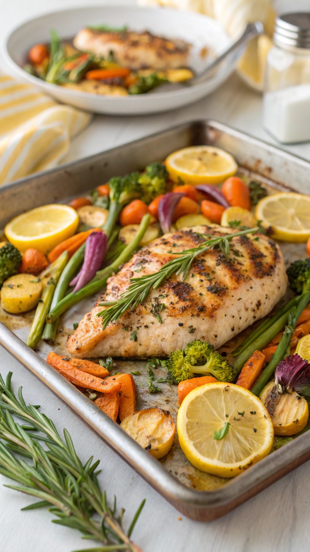 One-pan lemon herb chicken with vegetables on a baking sheet