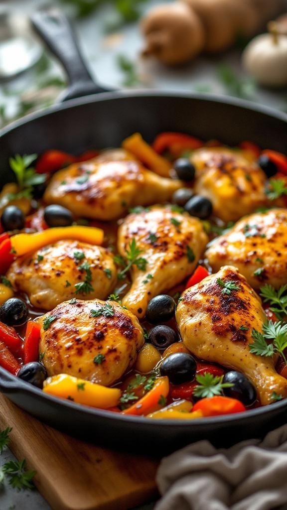 A colorful one-pan Mediterranean chicken dish with bell peppers and olives.