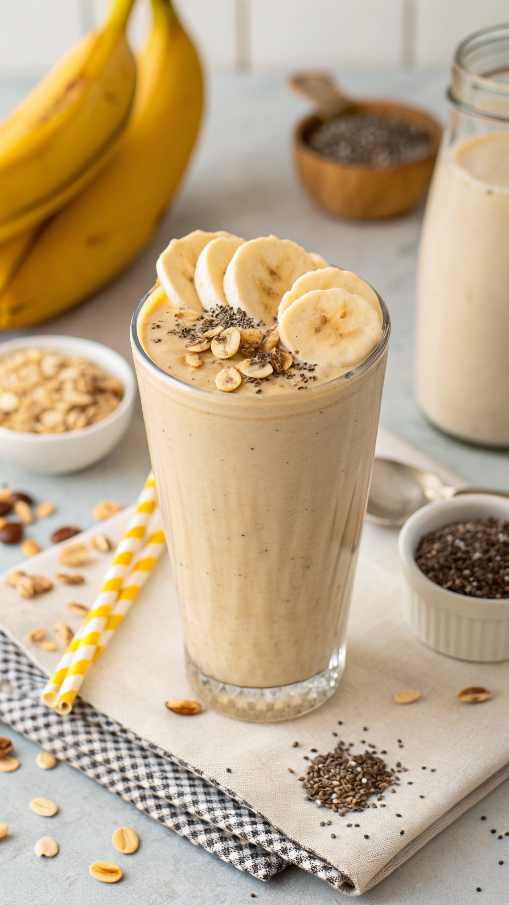 A creamy peanut butter banana protein smoothie topped with banana slices and chia seeds, with fresh bananas and chia seeds in the background.