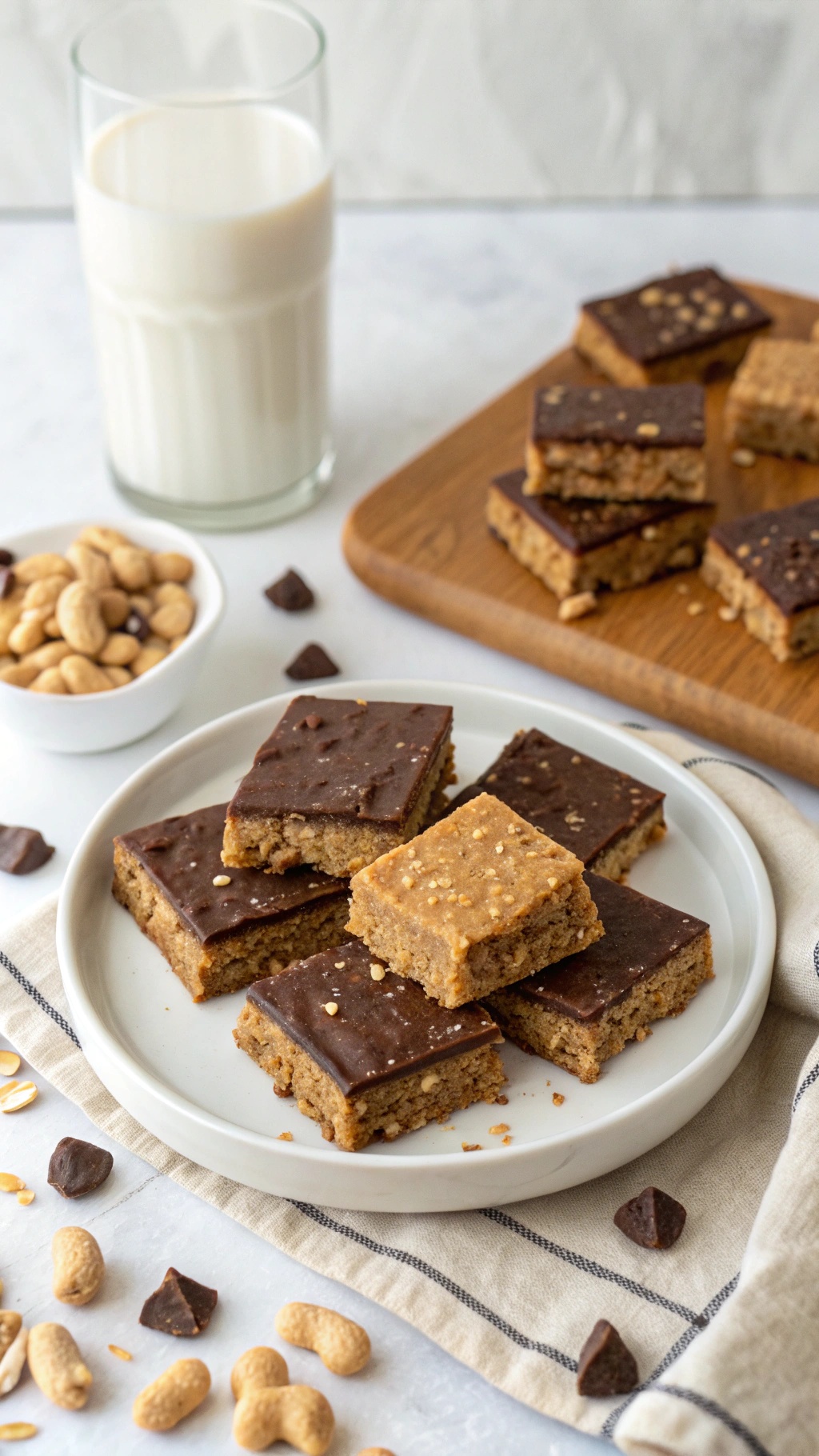 Plate of peanut butter chocolate energy bars with a glass of milk and scattered peanuts and chocolate chips.