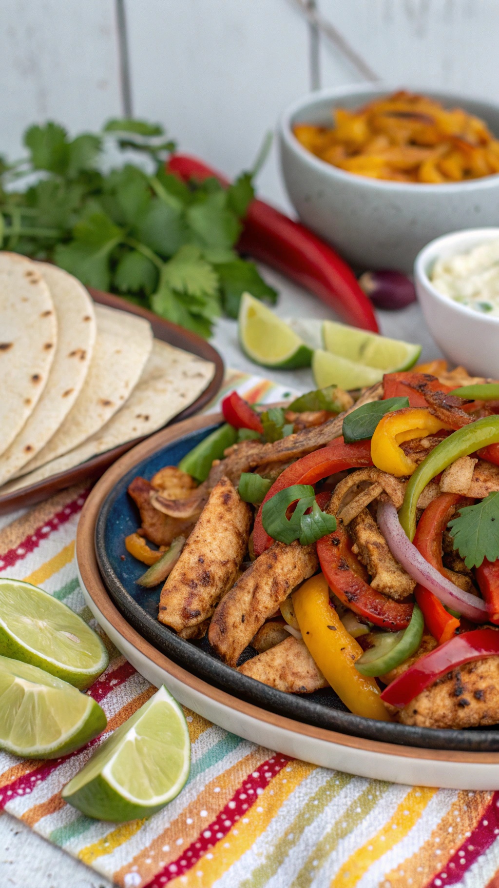 A colorful plate of chicken fajitas with sliced bell peppers, tortillas, lime wedges, and cilantro.