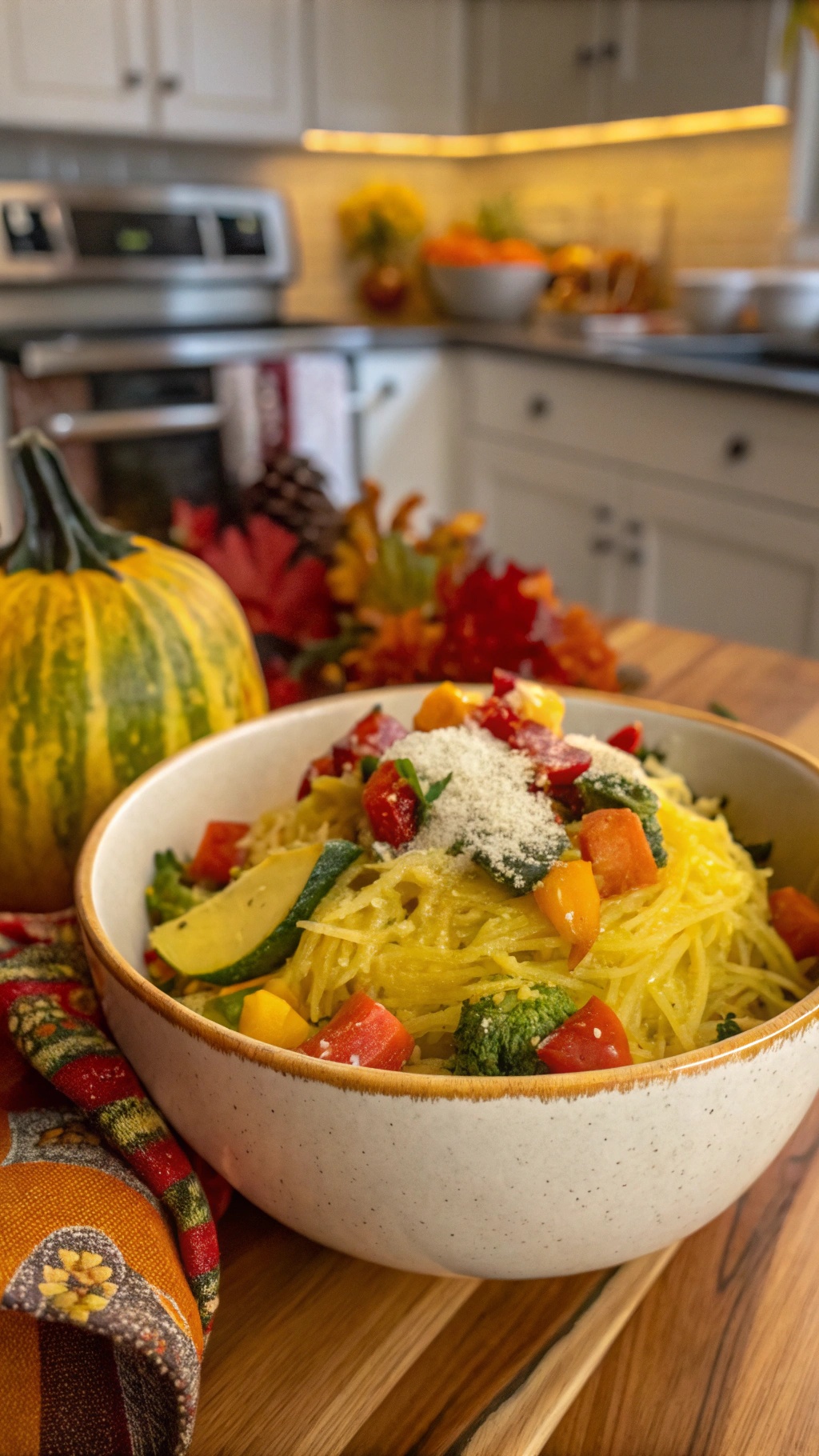 A bowl of spaghetti squash primavera topped with colorful vegetables and grated cheese, with a decorative fall-themed background.