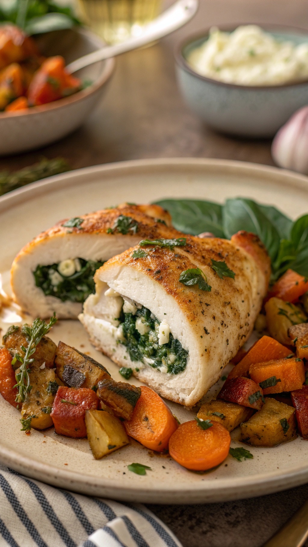 A plate of spinach and feta stuffed chicken served with roasted vegetables.