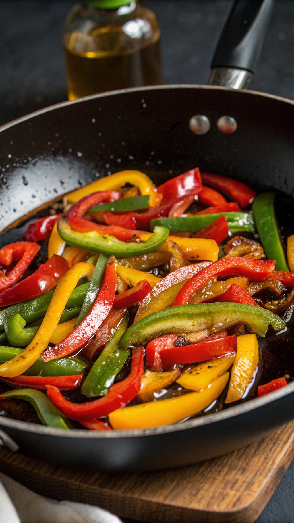 A skillet filled with colorful stir-fried bell peppers in soy sauce.
