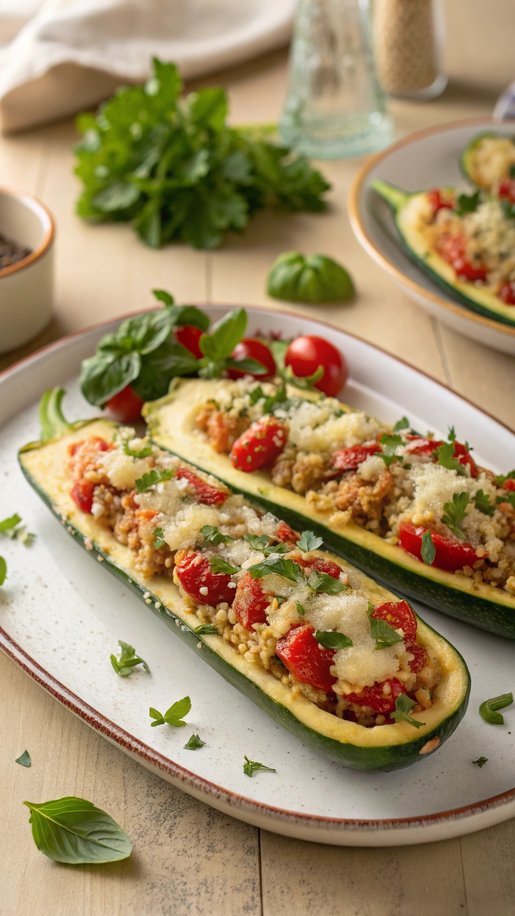 Stuffed zucchini boats filled with quinoa, cherry tomatoes, and herbs.