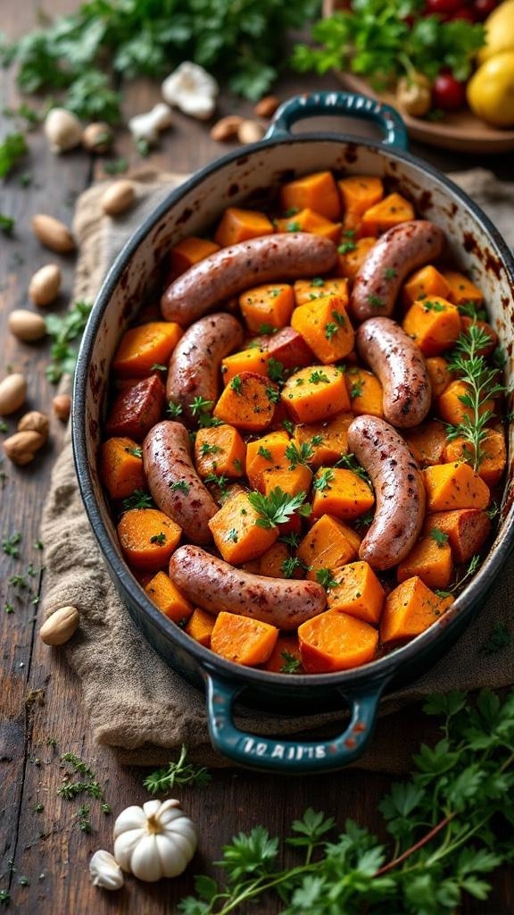 A colorful casserole dish filled with sweet potatoes and sausages, garnished with fresh herbs.