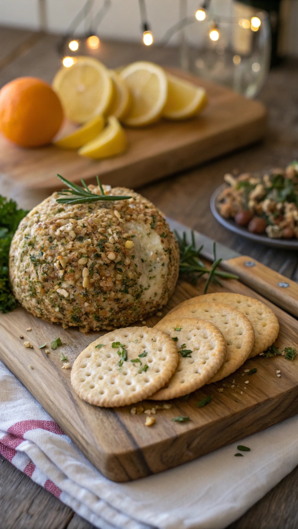 A vegan cheese ball made with nuts and herbs, served with crackers on a wooden board.