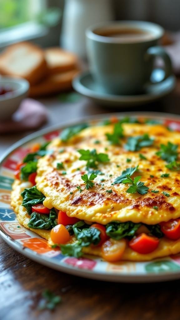 A delicious veggie omelet with spinach and tomatoes served on a colorful plate, accompanied by a cup of coffee and toast.