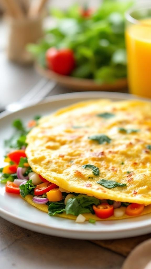 A delicious veggie omelette filled with colorful vegetables, served on a plate with a side salad and a glass of orange juice.