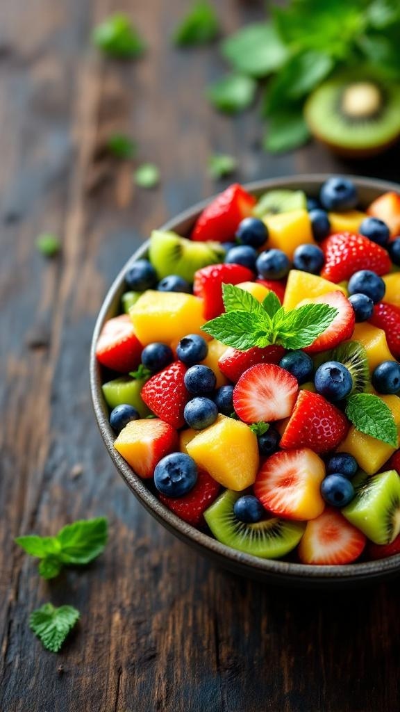 A colorful bowl of mixed fruit salad with strawberries, blueberries, kiwi, and mango, garnished with mint leaves.