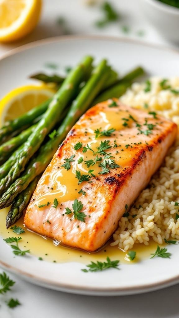 A plate of lemon garlic salmon with asparagus and rice, garnished with parsley.