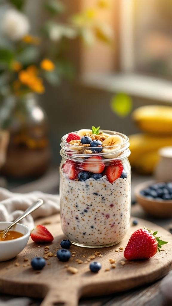 A jar of overnight oats topped with fresh strawberries and blueberries, sitting on a wooden board with a spoon and honey on the side.