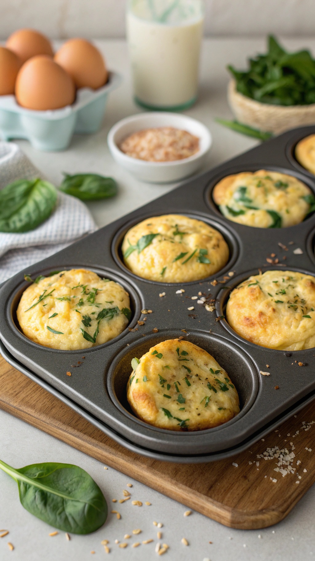 Egg and spinach breakfast muffins in a muffin tin with fresh ingredients around them.