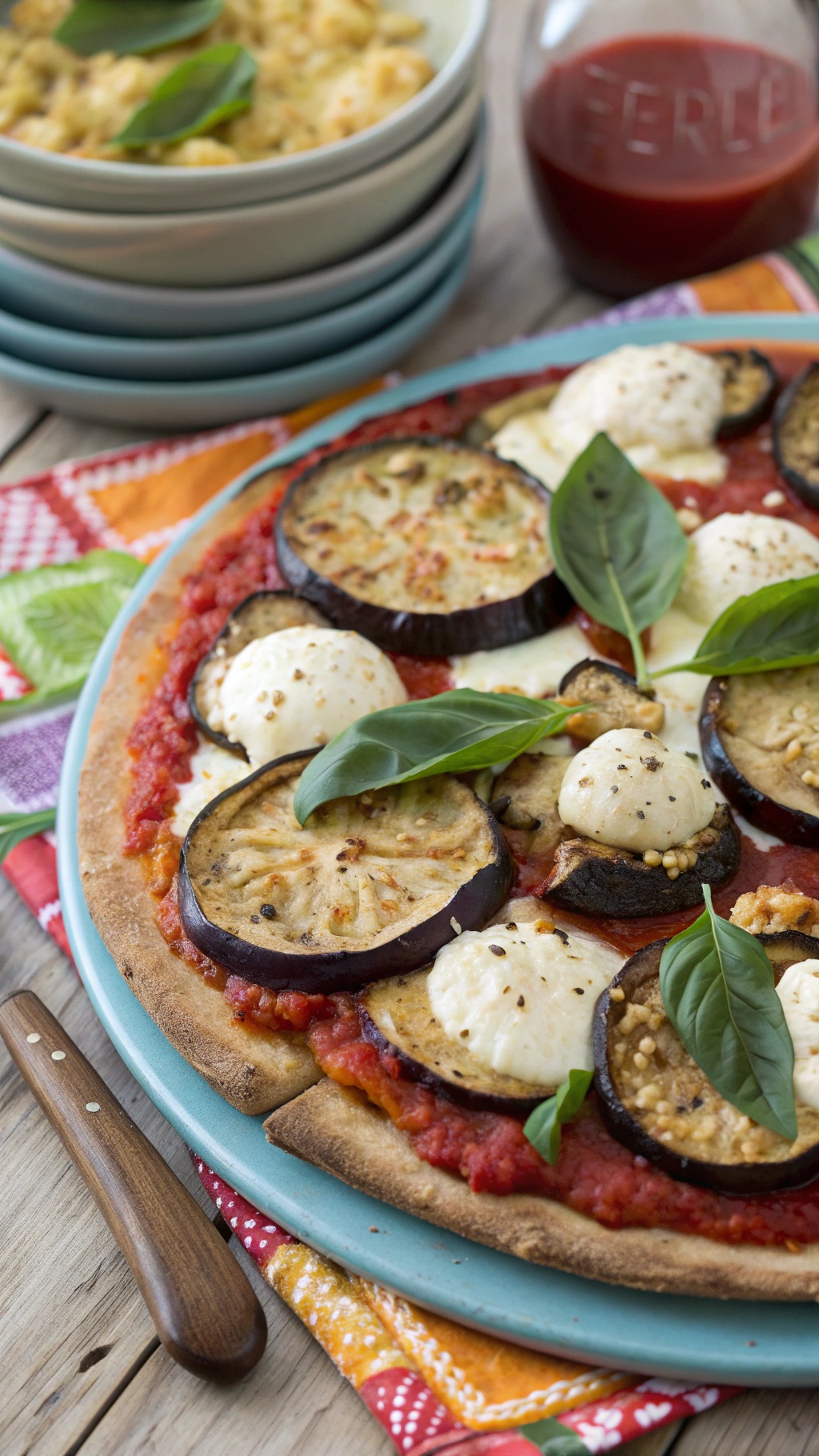 A delicious eggplant and cauliflower pizza topped with mozzarella and fresh basil.