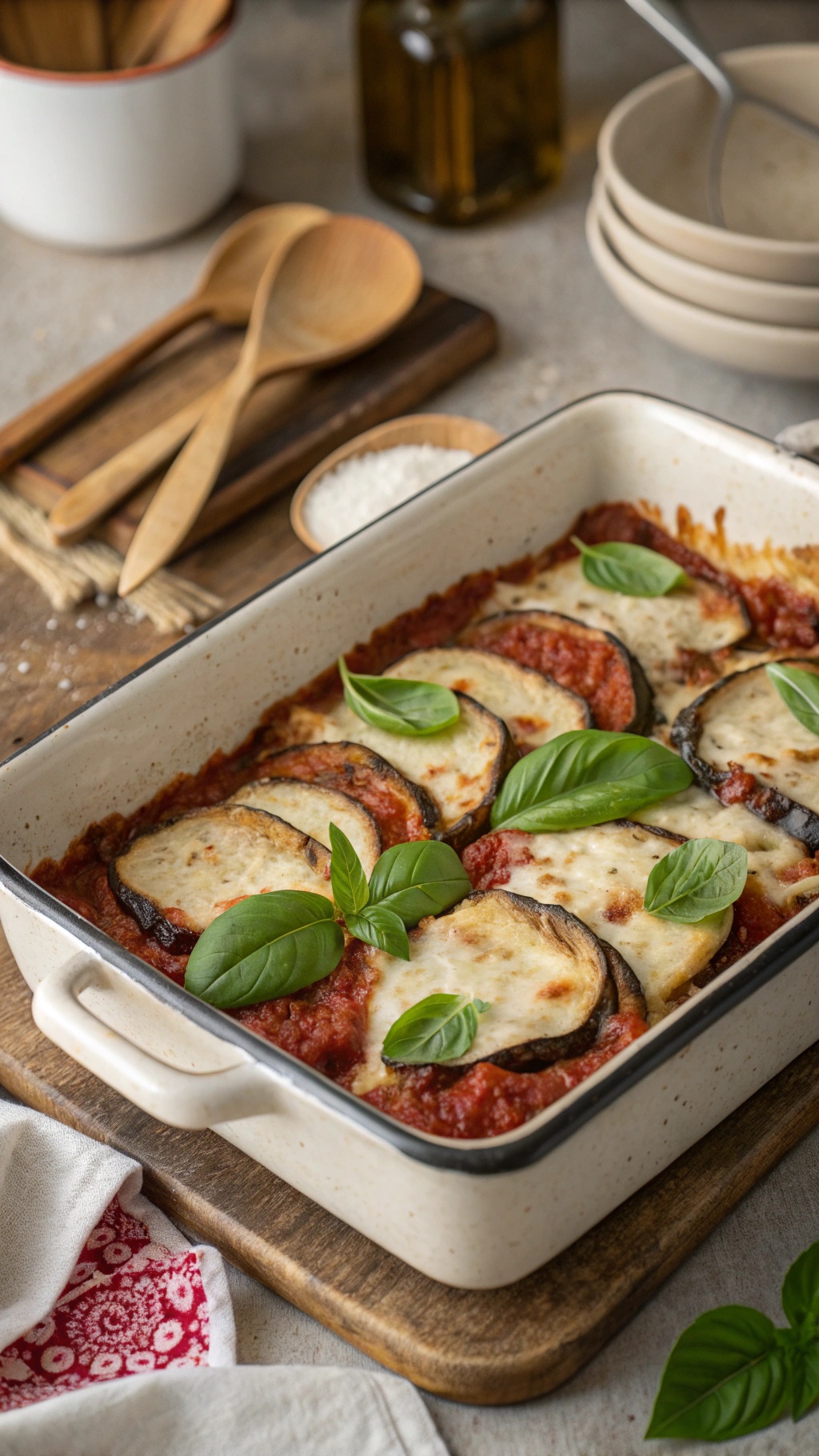 A delicious low-carb eggplant parmesan dish topped with fresh basil leaves, served in a baking dish.
