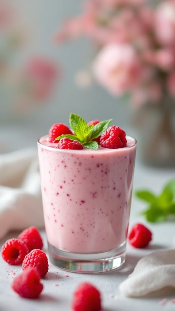 A glass of raspberry protein pudding topped with fresh raspberries and mint leaves, surrounded by scattered raspberries.