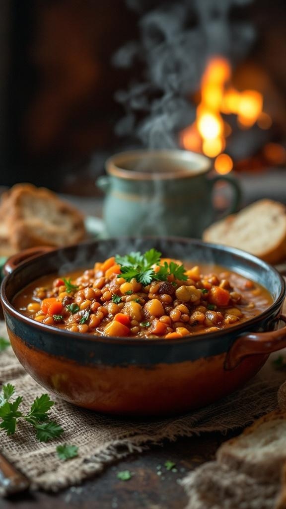 A steaming bowl of spicy lentil stew with carrots and cilantro, set against a cozy fireplace backdrop.