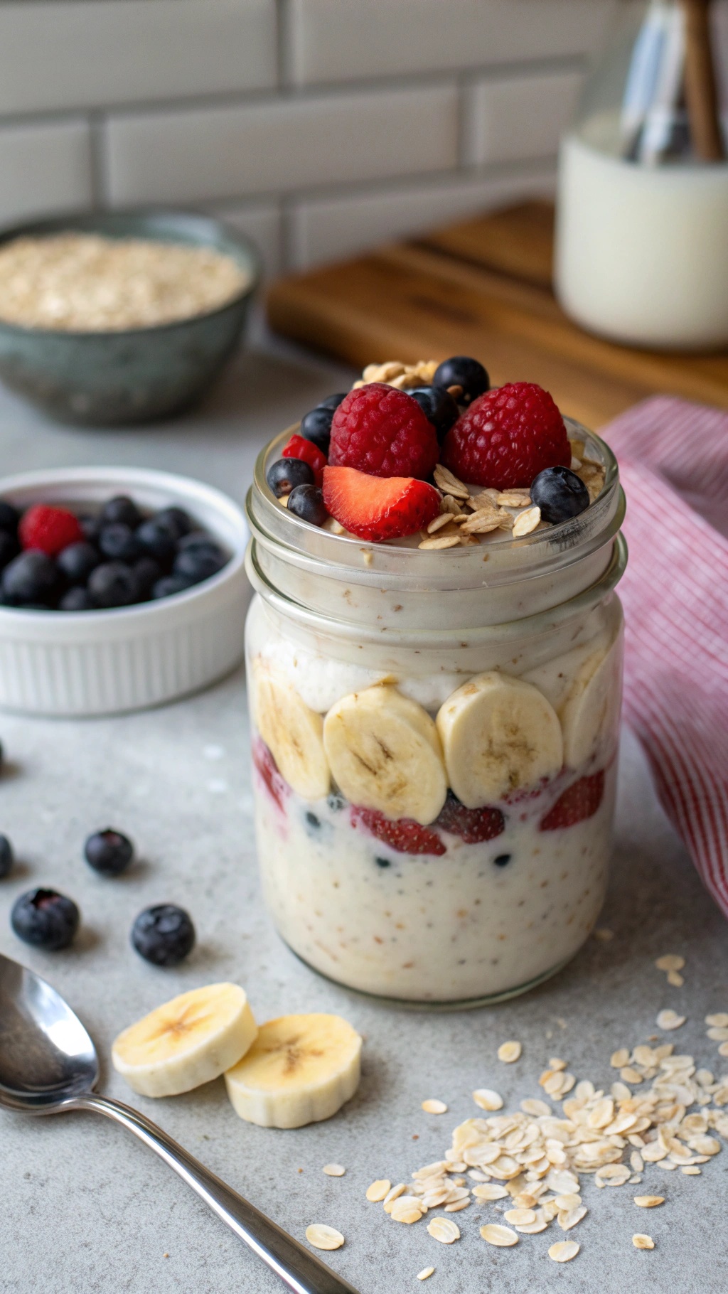 A jar of overnight oats layered with fruits, including bananas, strawberries, and blueberries, with oats and a spoon nearby.