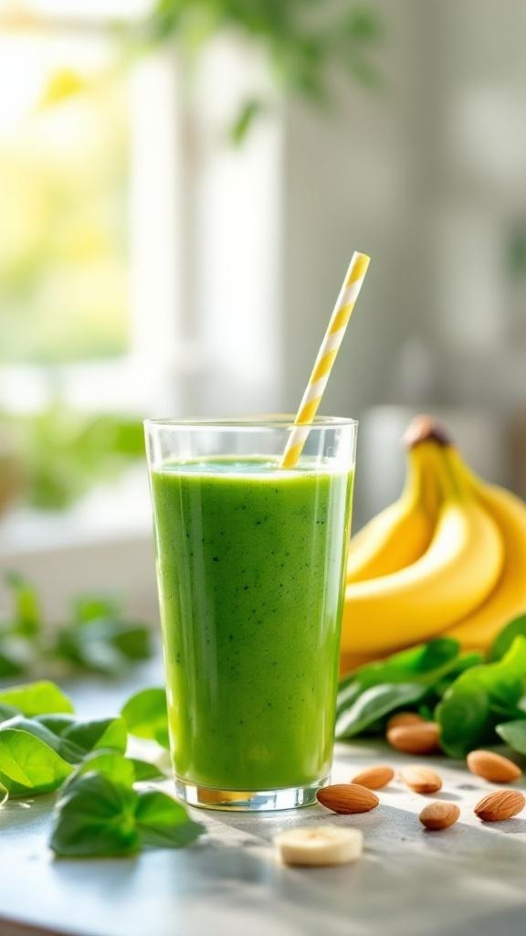 A refreshing green smoothie in a glass with a yellow straw, surrounded by bananas and almonds.