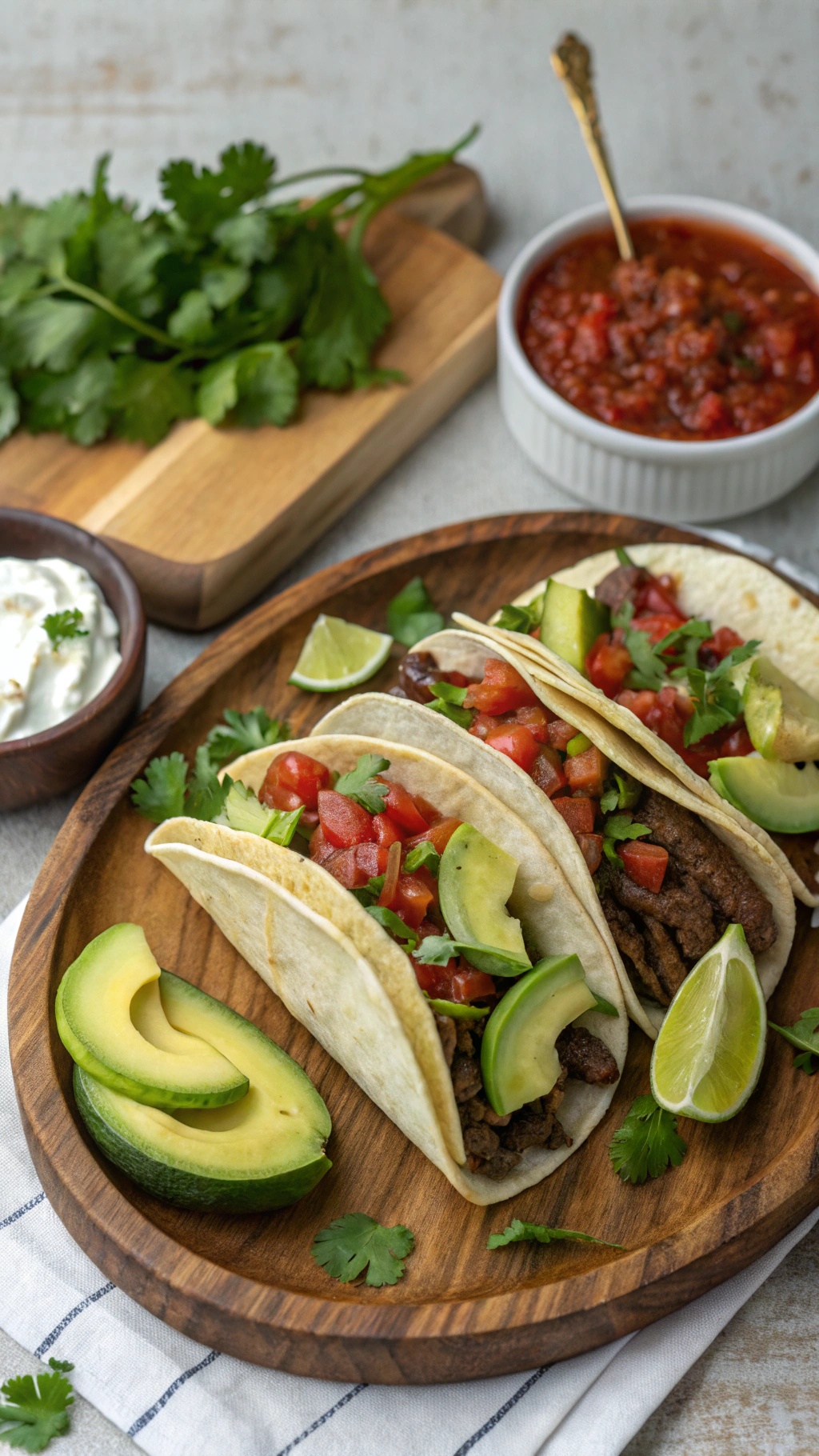 Delicious beef tacos with avocado, tomatoes, and cilantro on a wooden plate.