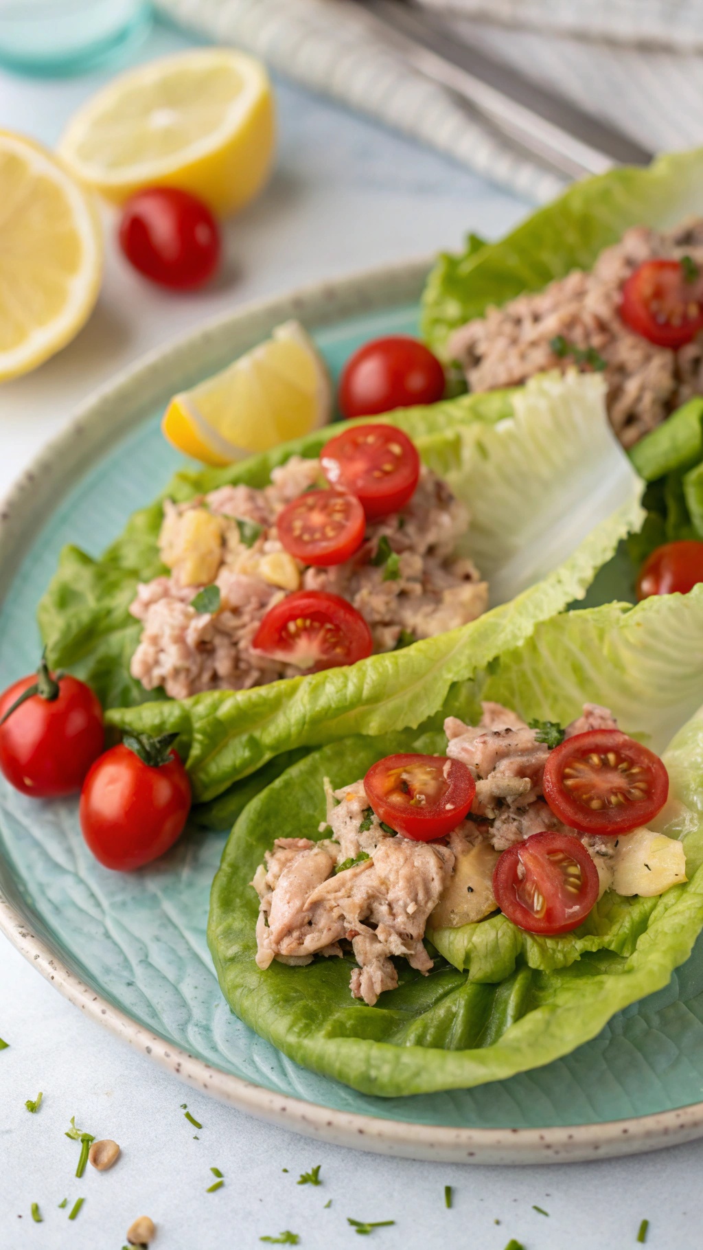 Tuna salad lettuce wraps with cherry tomatoes and lemon slices on a plate.