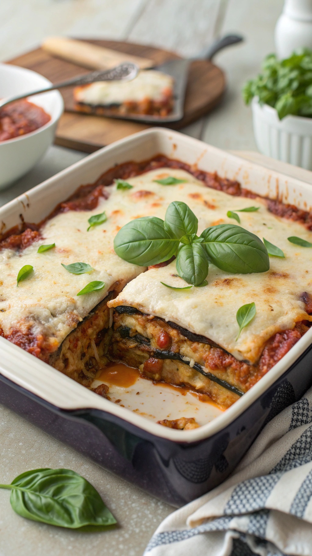 A delicious eggplant lasagna with layers of cheese and sauce, garnished with fresh basil.