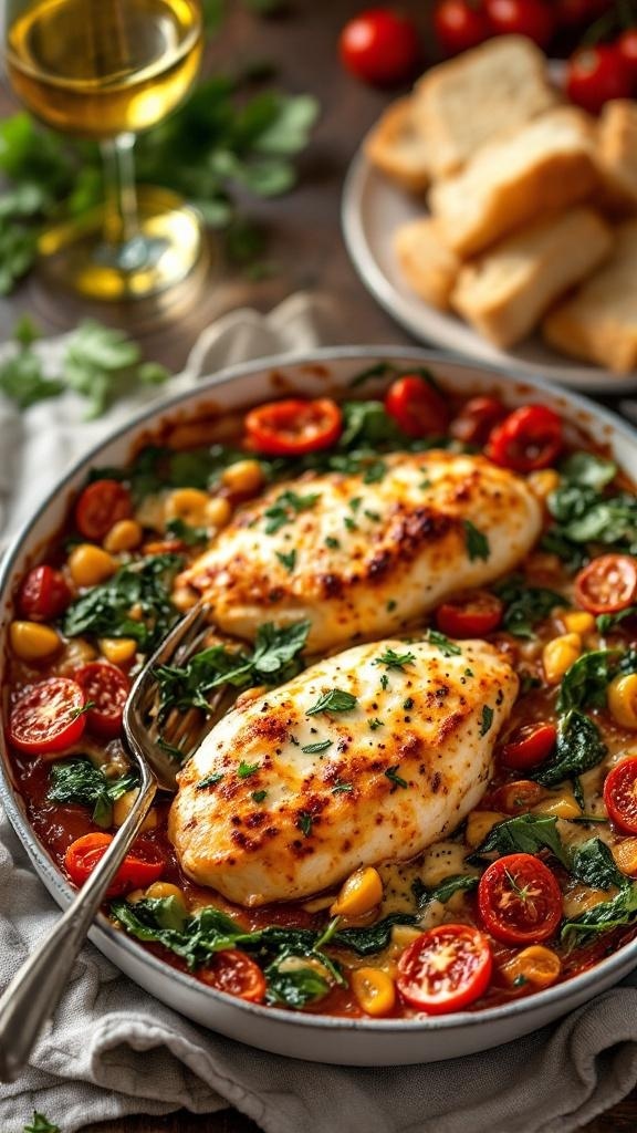 A delicious Tuscan Chicken Bake with cherry tomatoes, spinach, and melted cheese.