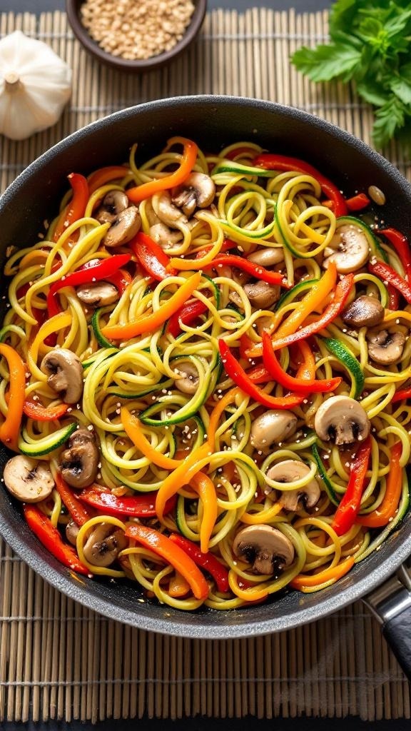 A colorful zucchini noodle stir-fry with bell peppers and mushrooms in a skillet.