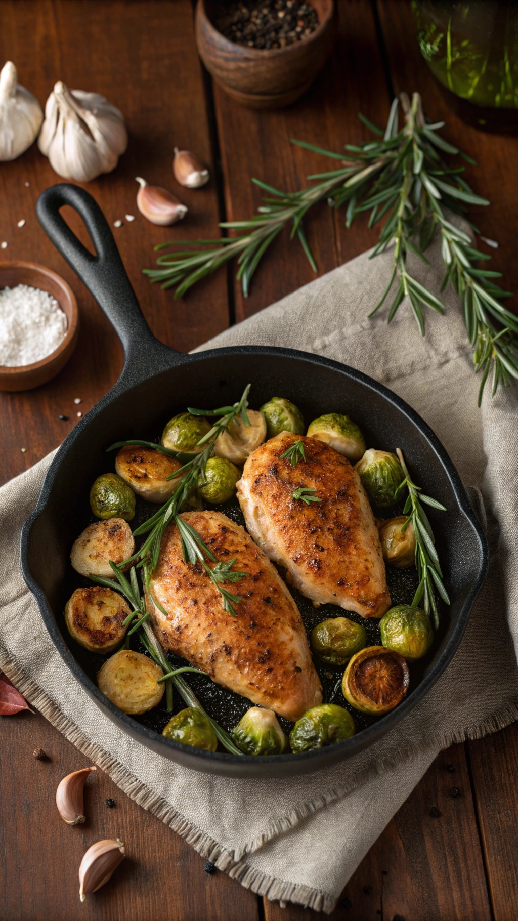 One-pan chicken and Brussels sprouts in a skillet with rosemary and garlic